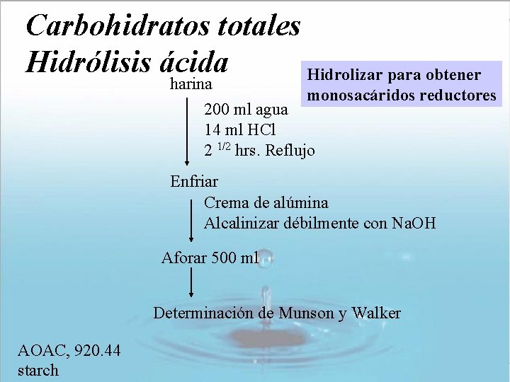 Carbohidratos totales Hidrólisis ácida Hidrolizar para obtener harina monosacáridos reductores 200 ml agua 14 Carbohidratos totales Hidrólisis ácida Hidrolizar para obtener harina monosacáridos reductores 200 ml agua 14