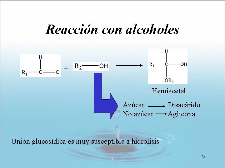 Reacción con alcoholes + Hemiacetal Azúcar No azúcar Disacárido Aglicona Unión glucosídica es muy Reacción con alcoholes + Hemiacetal Azúcar No azúcar Disacárido Aglicona Unión glucosídica es muy