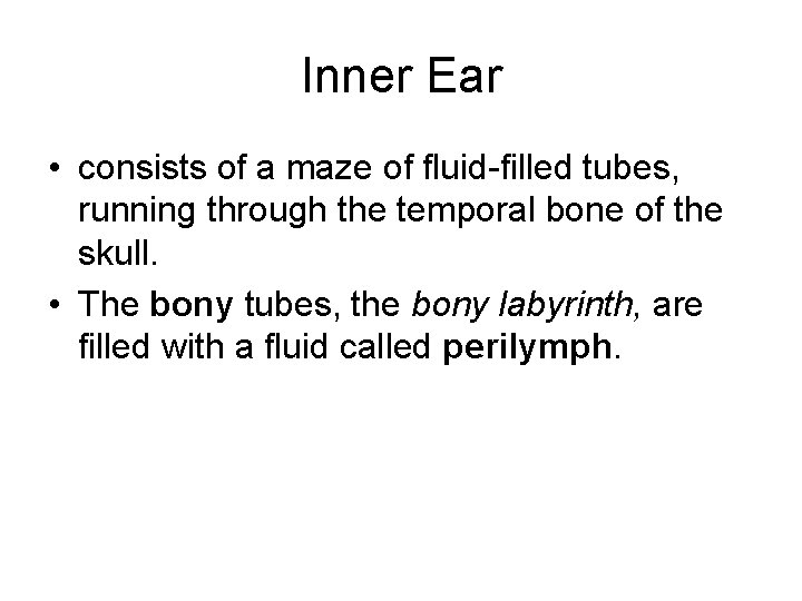 Inner Ear • consists of a maze of fluid-filled tubes, running through the temporal