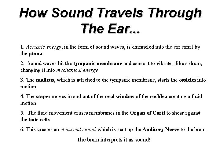 How Sound Travels Through The Ear. . . 1. Acoustic energy, in the form