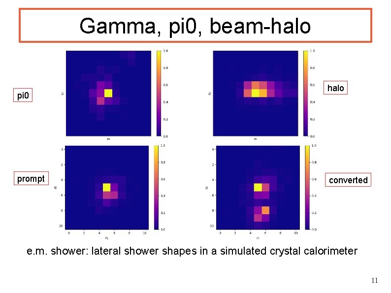 Gamma, pi 0, beam-halo pi 0 prompt halo converted e. m. shower: lateral shower