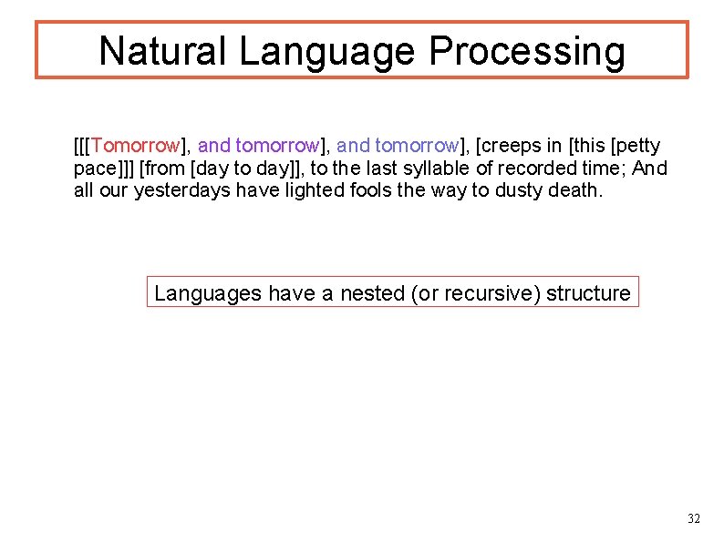 Natural Language Processing [[[Tomorrow], and tomorrow], [creeps in [this [petty pace]]] [from [day to