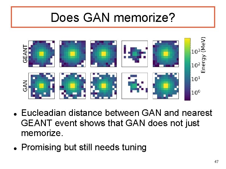 Does GAN memorize? Eucleadian distance between GAN and nearest GEANT event shows that GAN