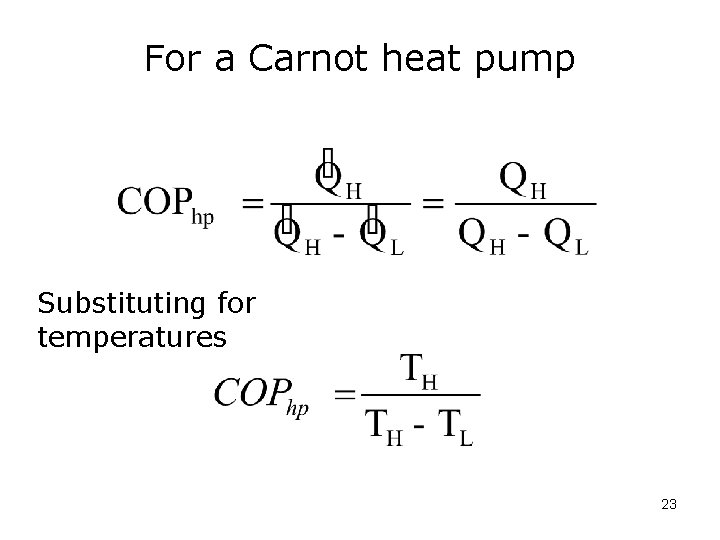 For a Carnot heat pump Substituting for temperatures 23 