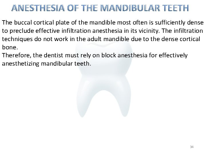 ANESTHESIA OF THE MANDIBULAR TEETH The buccal cortical plate of the mandible most often