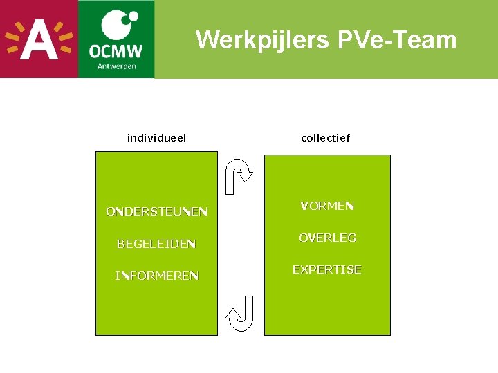 Werkpijlers PVe-Team individueel ONDERSTEUNEN BEGELEIDEN INFORMEREN collectief VORMEN OVERLEG EXPERTISE 