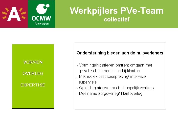 Werkpijlers PVe-Team collectief Ondersteuning bieden aan de hulpverleners VORMEN OVERLEG EXPERTISE - Vormingsinitiatieven omtrent