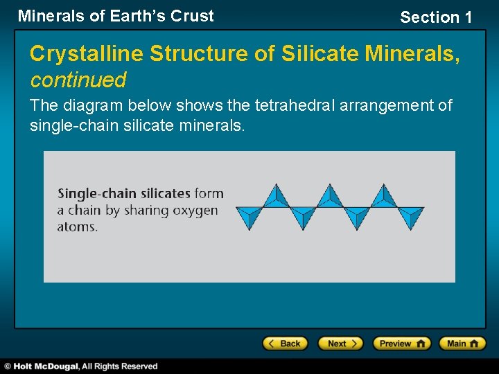 Minerals of Earth’s Crust Section 1 Crystalline Structure of Silicate Minerals, continued The diagram