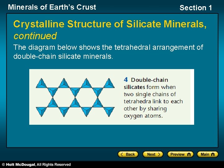 Minerals of Earth’s Crust Section 1 Crystalline Structure of Silicate Minerals, continued The diagram