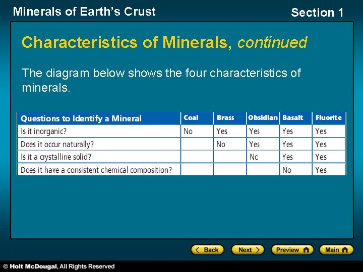 Minerals of Earth’s Crust Section 1 Characteristics of Minerals, continued The diagram below shows