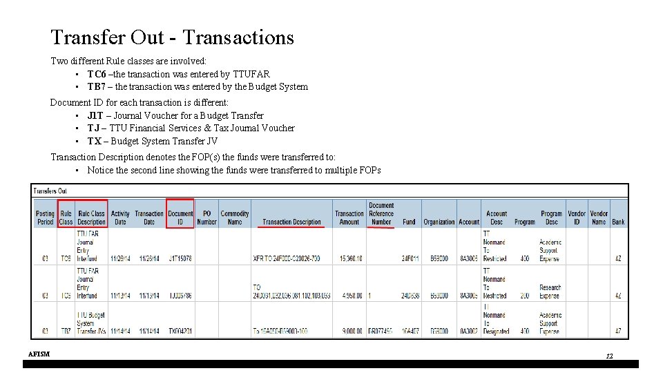 Transfer Out - Transactions Two different Rule classes are involved: • TC 6 –the