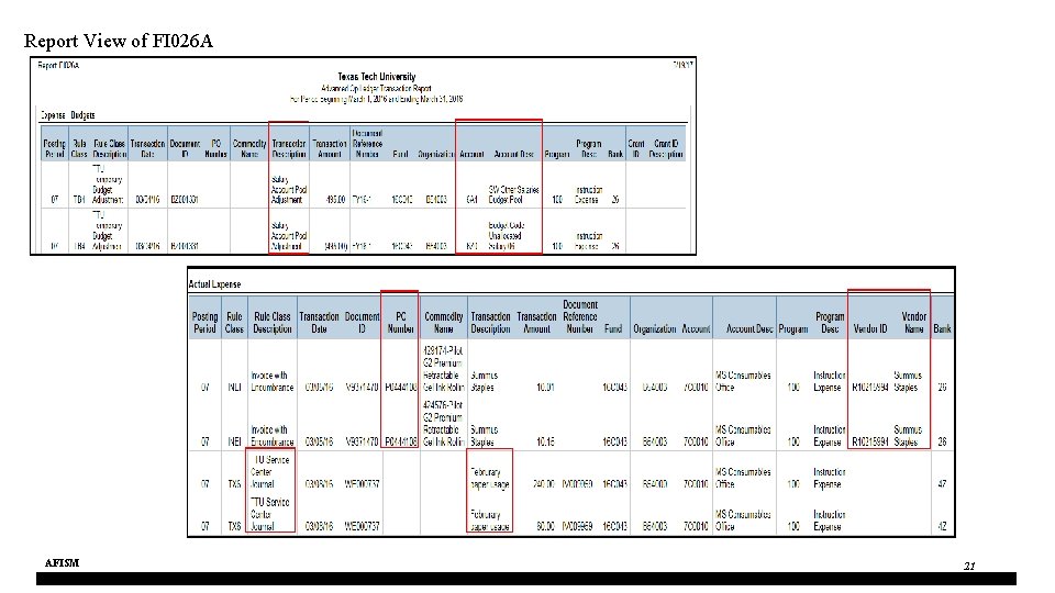 Report View of FI 026 A AFISM 21 