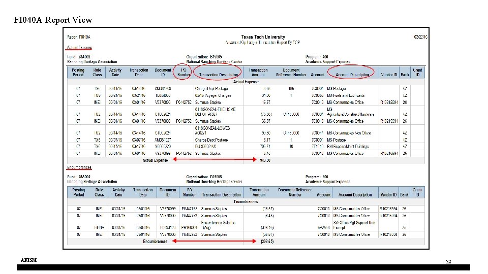 FI 040 A Report View AFISM 22 