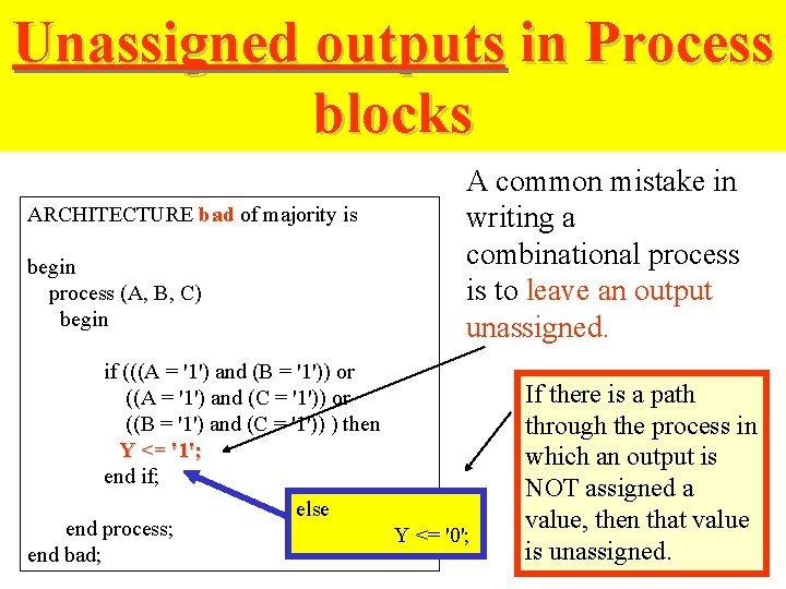 Unassigned outputs in Process blocks ARCHITECTURE bad of majority is begin process (A, B, Unassigned outputs in Process blocks ARCHITECTURE bad of majority is begin process (A, B,
