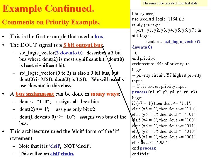 The same code repeated from last slide Example Continued. library ieee; use ieee. std_logic_1164. The same code repeated from last slide Example Continued. library ieee; use ieee. std_logic_1164.