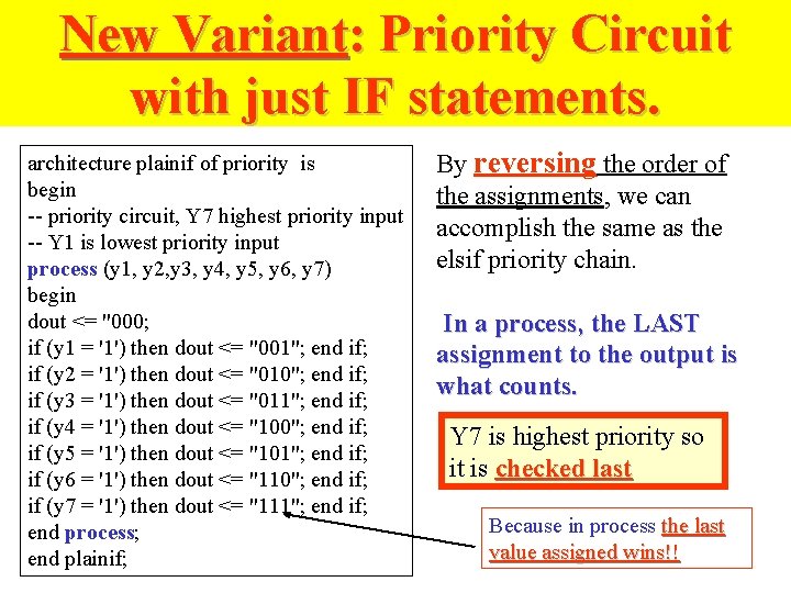New Variant: Priority Circuit with just IF statements. architecture plainif of priority is begin New Variant: Priority Circuit with just IF statements. architecture plainif of priority is begin