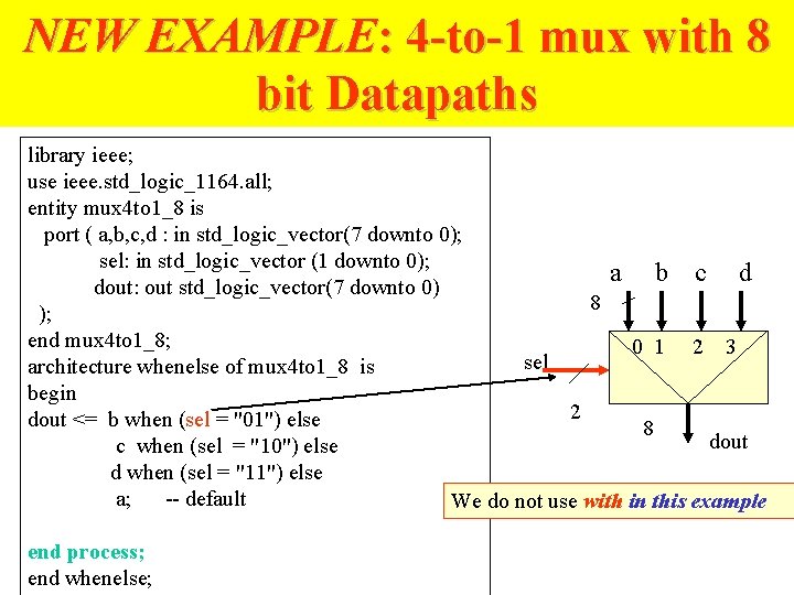NEW EXAMPLE: 4 -to-1 mux with 8 bit Datapaths library ieee; use ieee. std_logic_1164. NEW EXAMPLE: 4 -to-1 mux with 8 bit Datapaths library ieee; use ieee. std_logic_1164.