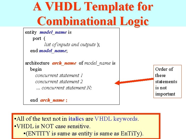 A VHDL Template for Combinational Logic entity model_name is port ( list of inputs A VHDL Template for Combinational Logic entity model_name is port ( list of inputs