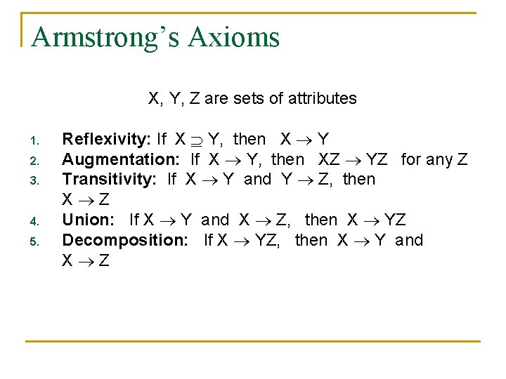 Armstrong’s Axioms X, Y, Z are sets of attributes 1. 2. 3. 4. 5. Armstrong’s Axioms X, Y, Z are sets of attributes 1. 2. 3. 4. 5.