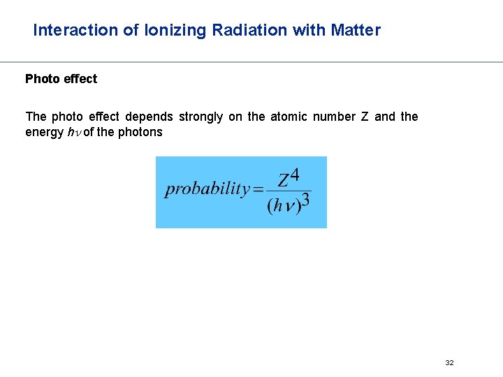 Interaction of Ionizing Radiation with Matter Photo effect The photo effect depends strongly on