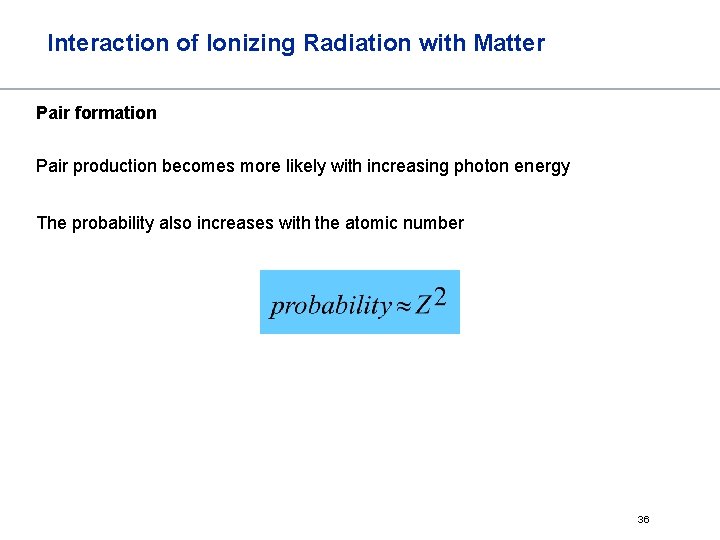 Interaction of Ionizing Radiation with Matter Pair formation Pair production becomes more likely with