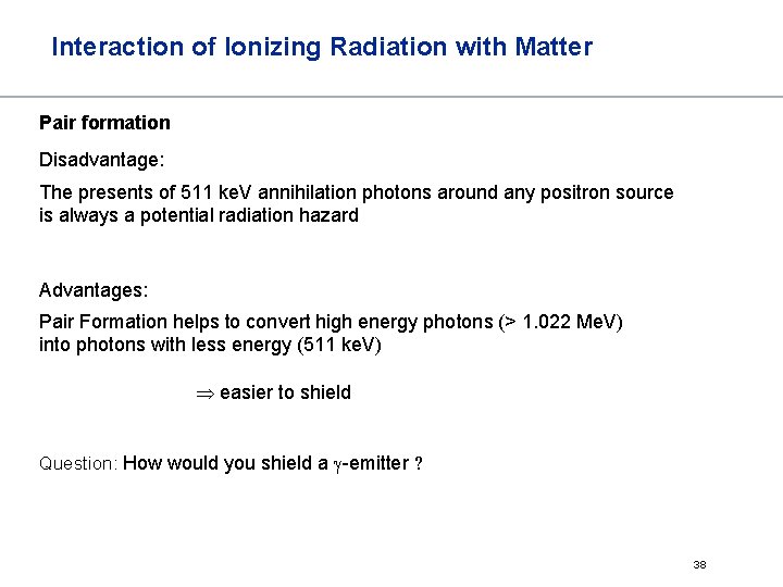 Interaction of Ionizing Radiation with Matter Pair formation Disadvantage: The presents of 511 ke.