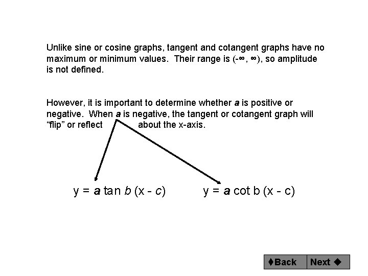 Unlike sine or cosine graphs, tangent and cotangent graphs have no maximum or minimum