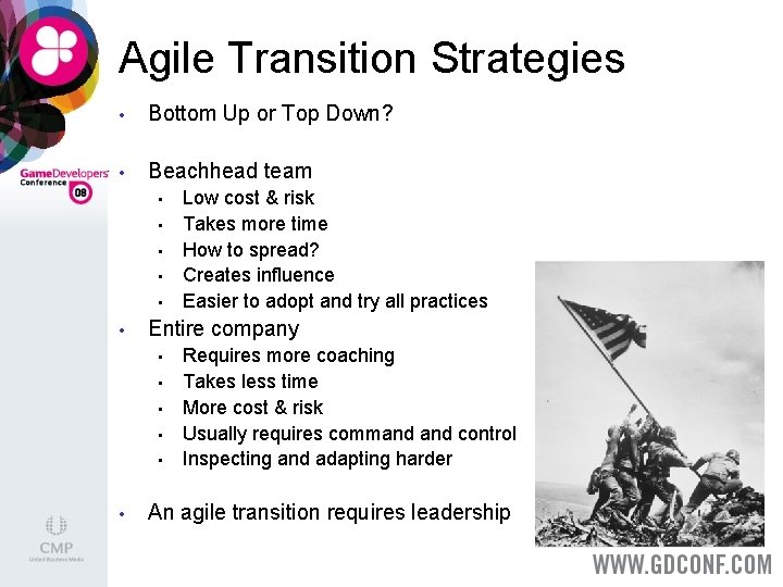 Agile Transition Strategies • Bottom Up or Top Down? • Beachhead team • •