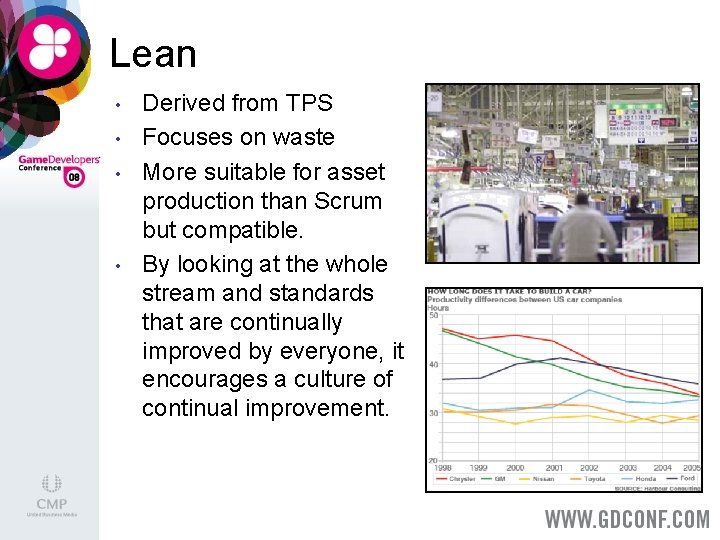 Lean • • Derived from TPS Focuses on waste More suitable for asset production