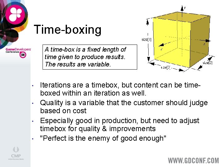 Time-boxing A time-box is a fixed length of time given to produce results. The