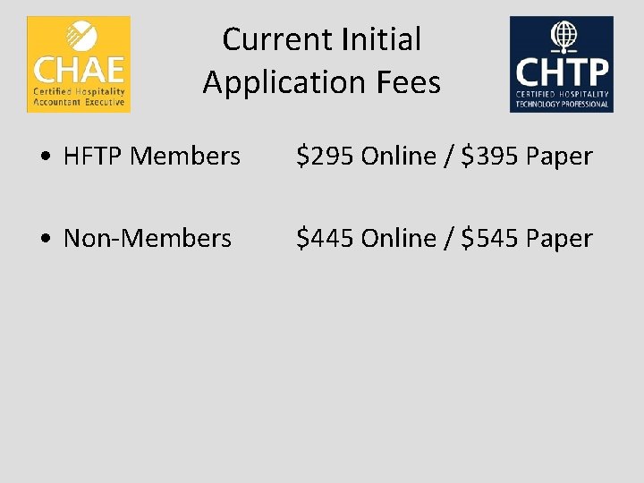 Current Initial Application Fees • HFTP Members $295 Online / $395 Paper • Non-Members