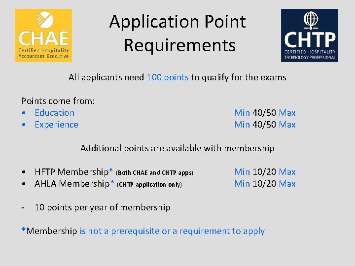 Application Point Requirements All applicants need 100 points to qualify for the exams Points