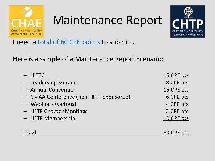 Maintenance Report I need a total of 60 CPE points to submit… Here is