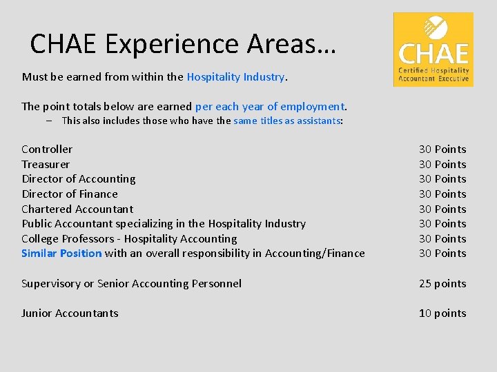 CHAE Experience Areas… Must be earned from within the Hospitality Industry. The point totals