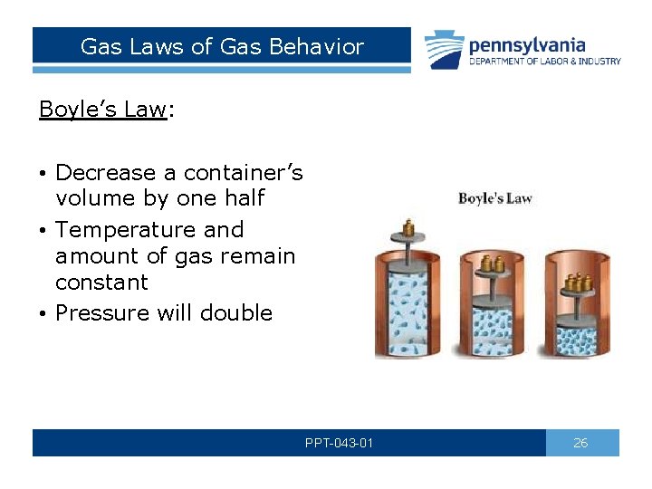 Gas Laws of Gas Behavior Boyle’s Law: • Decrease a container’s volume by one