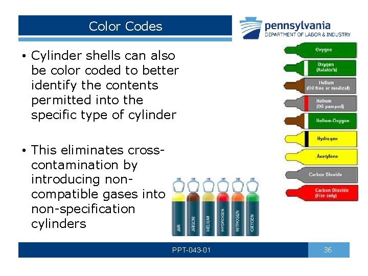 Color Codes • Cylinder shells can also be color coded to better identify the