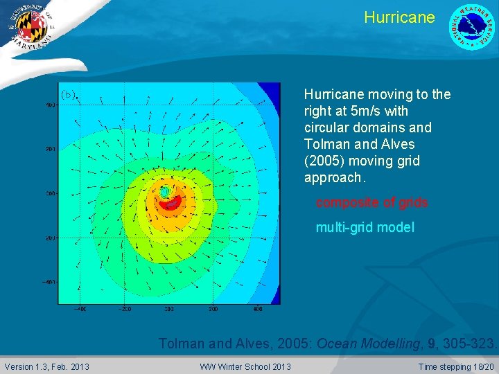 Hurricane moving to the right at 5 m/s with circular domains and Tolman and