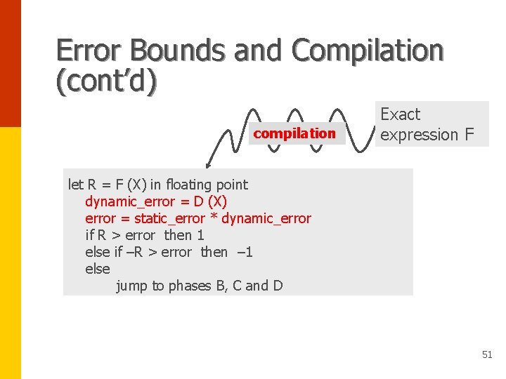 Error Bounds and Compilation (cont’d) compilation Exact expression F let R = F (X)