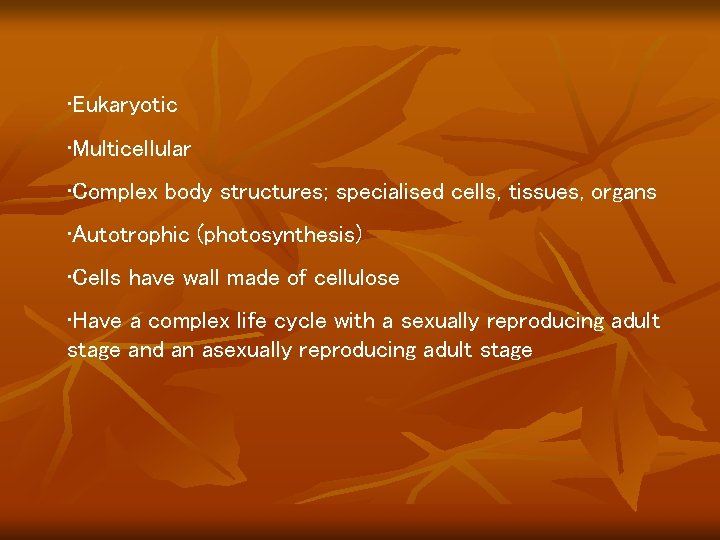 • Eukaryotic • Multicellular • Complex body structures; specialised cells, tissues, organs • • Eukaryotic • Multicellular • Complex body structures; specialised cells, tissues, organs •