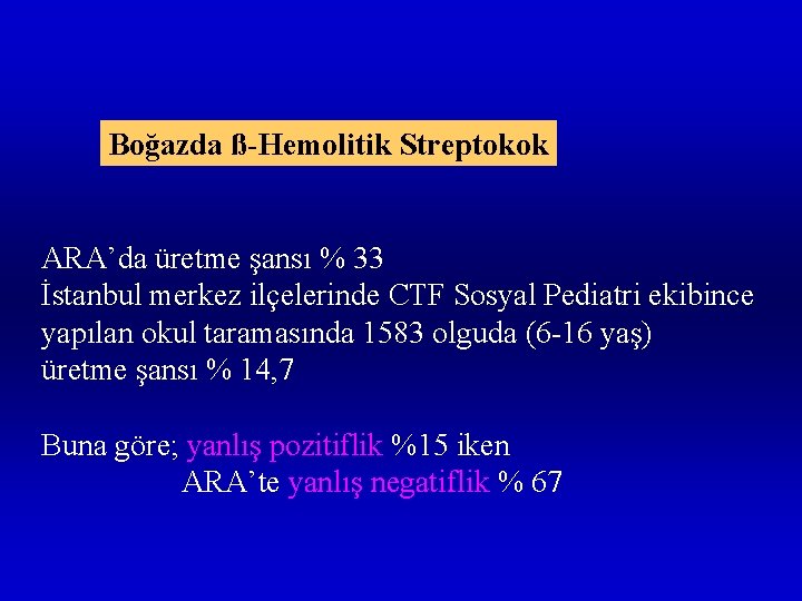Boğazda ß-Hemolitik Streptokok ARA’da üretme şansı % 33 İstanbul merkez ilçelerinde CTF Sosyal Pediatri