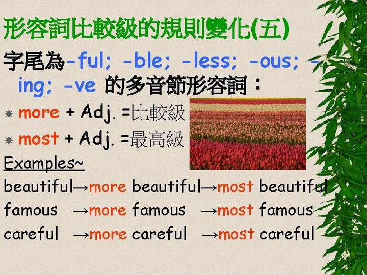 形容詞比較級的規則變化(五) 字尾為-ful; -ble; -less; -ous; ing; -ve 的多音節形容詞： more + Adj. =比較級 most +