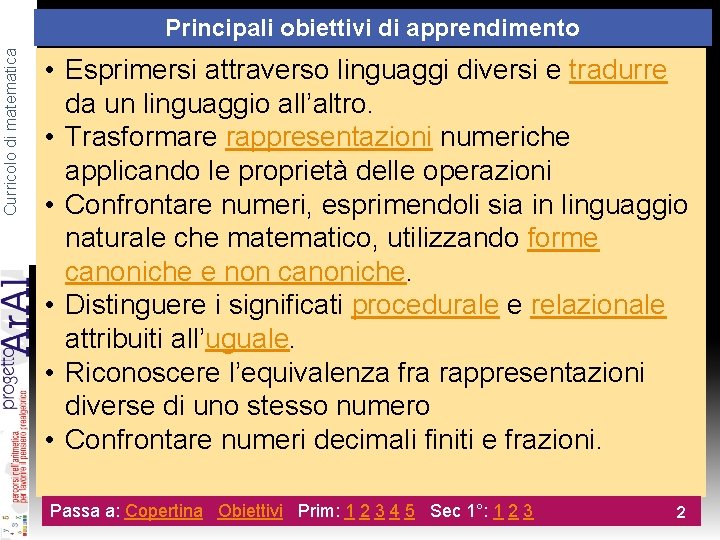 Curricolo di matematica Principali obiettivi di apprendimento • Esprimersi attraverso linguaggi diversi e tradurre Curricolo di matematica Principali obiettivi di apprendimento • Esprimersi attraverso linguaggi diversi e tradurre