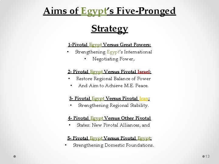 Aims of Egypt’s Five‐Pronged Strategy 1‐Pivotal Egypt Versus Great Powers: • Strengthening Egypt’s International