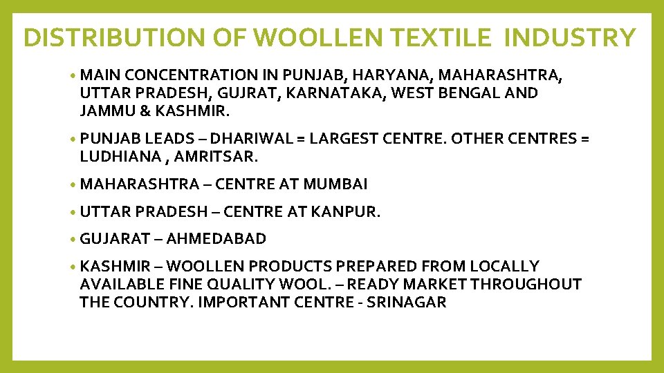 DISTRIBUTION OF WOOLLEN TEXTILE INDUSTRY • MAIN CONCENTRATION IN PUNJAB, HARYANA, MAHARASHTRA, UTTAR PRADESH,