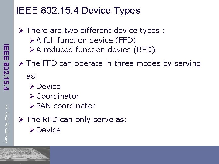IEEE 802. 15. 4 Device Types IEEE 802. 15. 4 Ø There are two