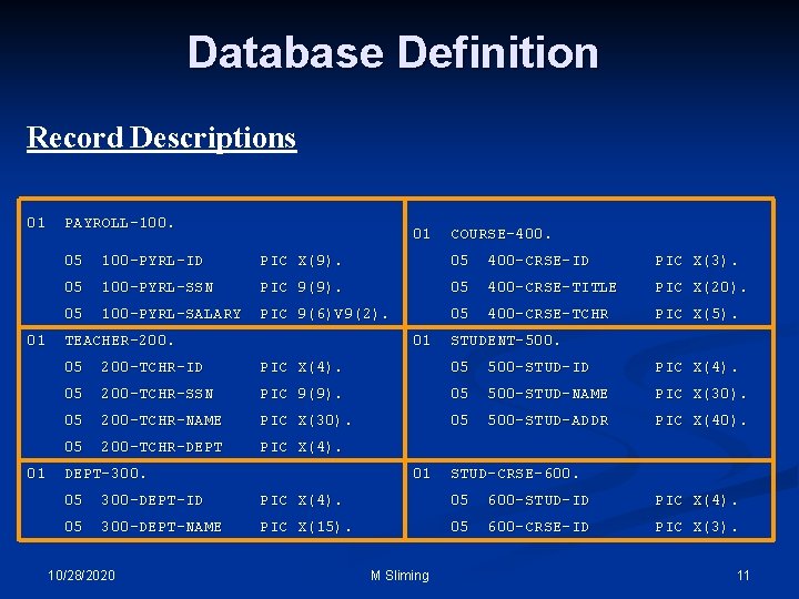 Database Definition Record Descriptions 01 PAYROLL-100. 01 COURSE-400. 05 100 -PYRL-ID PIC X(9). 05