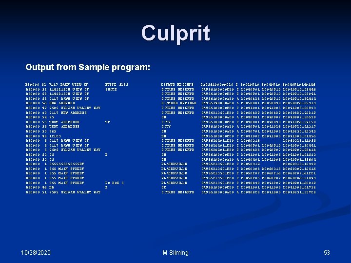 Culprit Output from Sample program: B 20000 52 7117 DAWN VIEW CT SUITE 5225