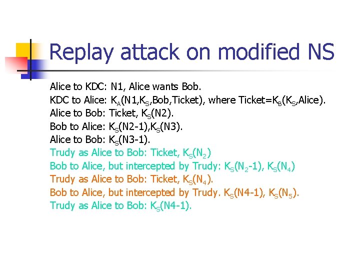 Replay attack on modified NS Alice to KDC: N 1, Alice wants Bob. KDC