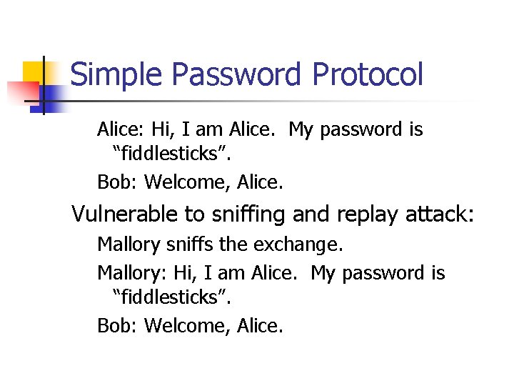 Simple Password Protocol Alice: Hi, I am Alice. My password is “fiddlesticks”. Bob: Welcome,