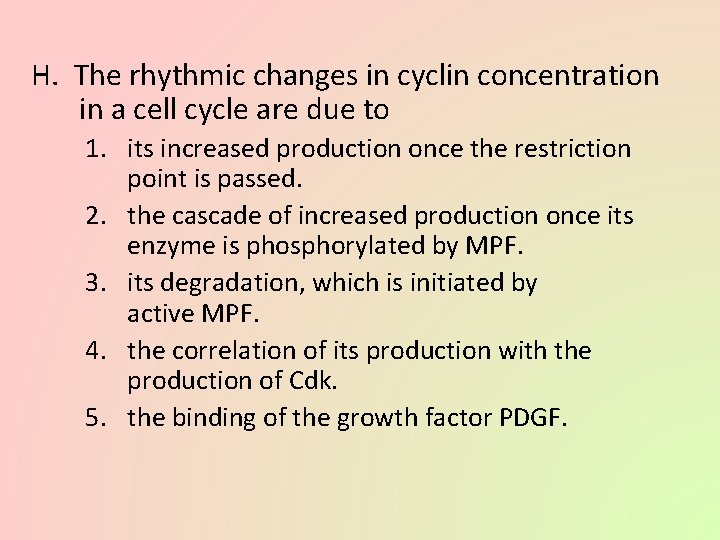 H. The rhythmic changes in cyclin concentration in a cell cycle are due to